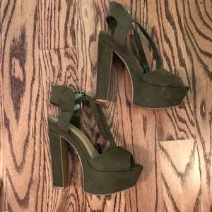 Army green high thick heels.